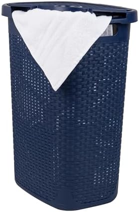 Mind Reader Slim Laundry Hamper with Lid, 60L Tall Clothes Basket, Narrow Tapered Design for Bathrooms, Closets and Laundry Rooms, Plastic, Navy by MindReader