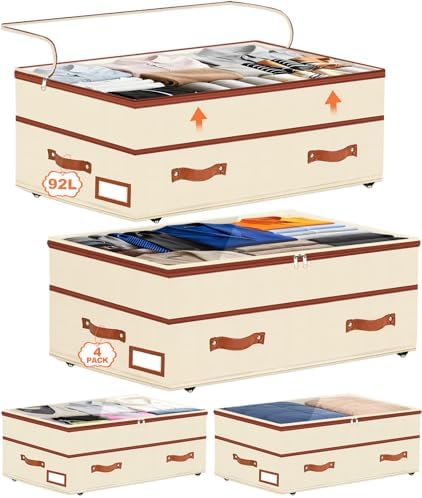 Dolicer 4 Pack Under Bed Storage with Wheels, 6in-10in Height Adjustable Underbed Storage Containers, 92L XXXL Under Bed Drawers Rolling Bin with Clear Lids for Dorm Shoes Clothes Organizers(Beige) by DolicerLANDSCAPEQ