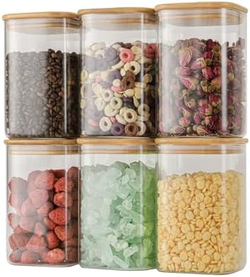 D2scrma 37oz Airtight Glass Square Storage Canisters with Bamboo Lid Set of 6 (1100ml) Stackable Containers, Kitchen Jars for Pantry Noodles, Flour and Coffee beans (‎with Black Lable) by Delicatedtoservicecustomer