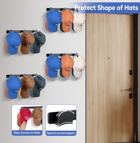 KIMBORA 4 Packs Hat Rack for Wall, Hat Organizer for Baseball Caps Holds 36 Hats, 3 Mounting Options Hat Hook Hanger, Strong Baseball Hat Holder Storage, Cap Display for Door, Room, Closet (Black) - Image 5