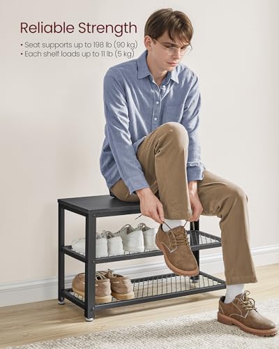 VASAGLE 3-Tier Shoe Rack, Storage Bench with Metal Mesh Shelves and Seat - Image 4