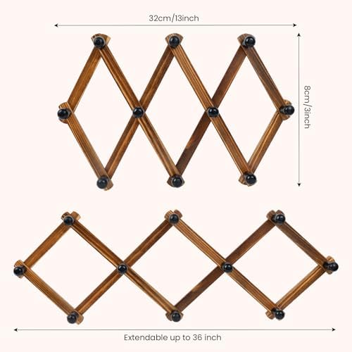 Accordion Wall Hanger, Wood Expandable Wall Mounted Hanger with 10 Hooks for Coats,Hats,Coffee Mug Ect,1 Pack Included,10 Pegs, Walnut Color,Retro Style - Image 4