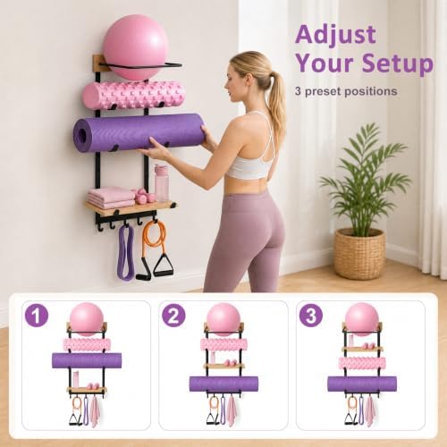 4-in-1 Yoga Mat & Ball Holder Wall Mount Storage, Durable Home Gym Accessories Organizer with Adjustable Solid Pine Floating Shelf & Hooks, 5 Hooks for Hanging Foam Rollers and Resistance Bands - Image 5