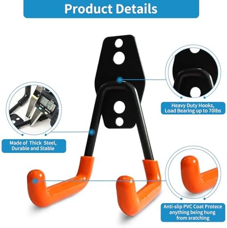 GeeWatom 2 Pack Garage Storage Utility Hooks，Garage Garden Tool Organizer，Steel Wall Mount Hooks, Garden Small U Hooks (Orange) - Image 3