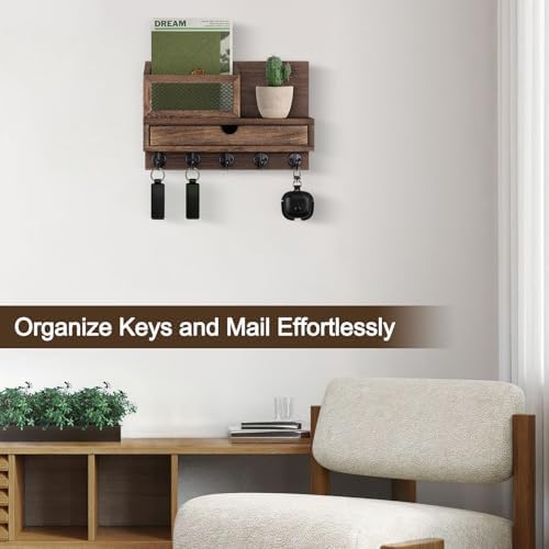 Key Holder for Wall with 5 Key Hooks and Storage Drawer - Image 5