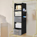 5-Layer Suspended Fabric Shelf Organizer, Equipped with 2 Sturdy Hooks, 2 Separate Drawers, and Foldable Hanging Storage (Black) - Image 5