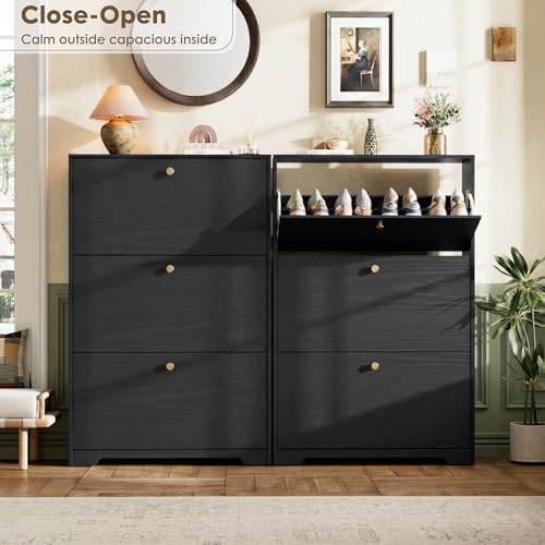 Nicetree Shoe Cabinet with 3 Flip Drawers, Narrow Shoe Organizer Cabinet, Freestanding Shoe Rack Cabinet, Modern Shoe Storage Cabinet for Entryway, Hallway, Foyer, Black - Image 3