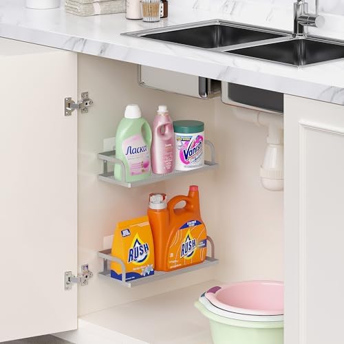 PUSDON 2-Pack Wide Hollowout Shower Caddy & Spice Rack, Wall Mount Bathroom Organizer with Mesh Bottom, Easy Access Cabinet Door Shelf Holds 50LBS - Silver Gray, Hollowout - Image 7
