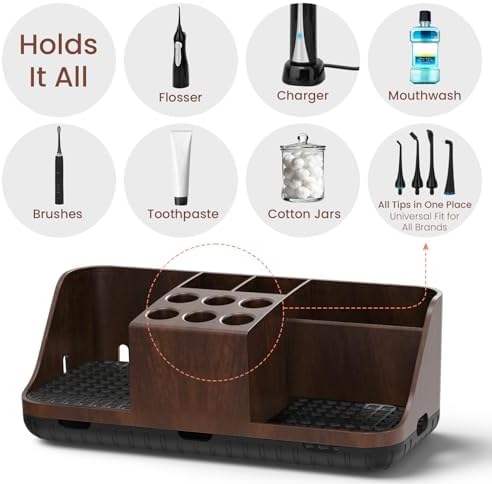 Boperzi Bathroom Counter Organizer for Vanity & Sink Storage: Detachable Electric Toothbrush and Toothpaste Holder, Water Flosser Holder, Bathroom Decor and Accessories Organization Set(Walnut Black) - Image 3