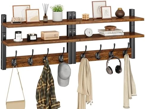Double Shelf Coat Rack Wall Mount with 8 Hooks, Rustic Brown HWS009H-2 by High-qualityhomefurnishing