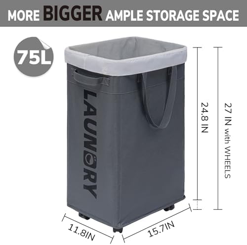 CHICVITA 75L Rolling Laundry Basket with Wheels 2-Pack, Wash Bags, Grey - Image 3