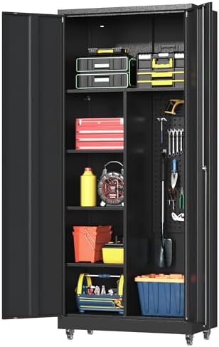 Metal Garage Storage Cabinet with 2 Doors, Adjustable Rolling Tool Storage Cabinet with Lock, 71" Steel Locking Broom Closet with Wheels and Shelves for Garage, Warehouse(Black, 71" H) by Firstsky