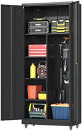 Metal Garage Storage Cabinet with 2 Doors, Adjustable Rolling Tool Storage Cabinet with Lock, 71" Steel Locking Broom Closet with Wheels and Shelves for Garage, Warehouse(Black, 71" H) by Firstsky