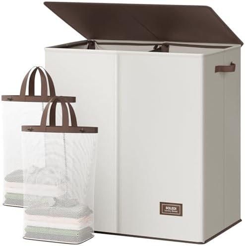 SOLEDI Large Double Laundry Hamper with Lid,165L Collapsible Clothes Hamper 2 section with Removable Bags, Space-Saving Laundry Basket for Bedroom, Dorm, College by SOLEDI