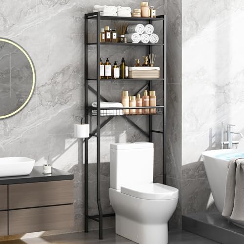Over The Toilet Storage Shelf, 4-Tier Bathroom Organizers and Storage Rack with Adjustable Height, Freestanding Above Toilet Shelves for Bathroom & Laundry, Space Saver, Black by Vokumba