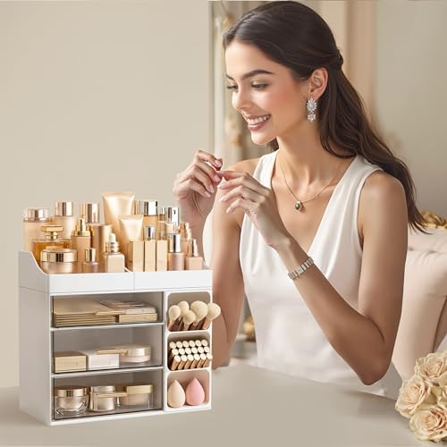 HBlife Makeup Organizer Countertop with Brush Holder, Large Bathroom Counter Organizer with Drawers, Skincare Organizers for Vanity, Plastic Dresser Organizer Storage Gift for Women Girl Mom, White - Image 6