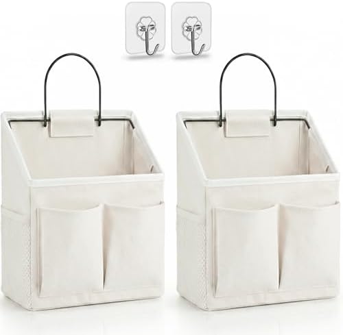 Kanrichu 2pcs Wall Hanging Organizer Bag, Linen Fabric Door Hanging Storage Basket with Pockets, Waterproof Bin for Kitchen, Bedroom, Office, RV Camper (White-Upgraded) by KANRICHU