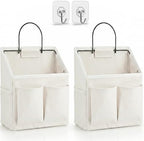 Kanrichu 2pcs Wall Hanging Organizer Bag, Linen Fabric Door Hanging Storage Basket with Pockets, Waterproof Bin for Kitchen, Bedroom, Office, RV Camper (White-Upgraded) by KANRICHU
