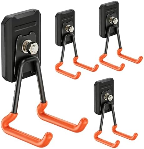 Heavy Duty Magnetic Garage Hooks,4 Pack Strong Large Magnet Hook for Power Drill,Garden Tools,Hose,Pegboard,Garage, Workshop,Magnetic Storage Hooks for Indoor Outdoor Hanging(Orange) by SKNOOYLIGHT