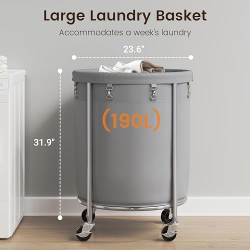 ELYKEN Laundry Basket with Wheels, Round Rolling Laundry Hamper, Gray - Image 3