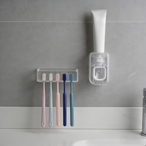 5 Slots Wall Mount Toothbrush Holder with Cover, Self Adhesive Tooth Brush Storage Organizer for Shower Bathrooms, Toothbrush Stand with Automatic Toothpaste Squeezer Dispenser - Image 6