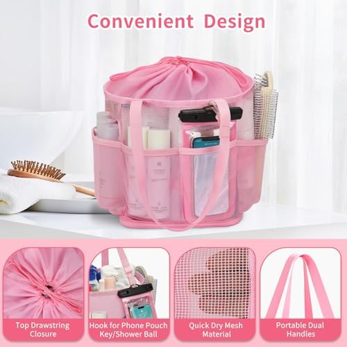 Mesh Shower Caddy Portable for College Dorm Room Essentials, Hanging Shower Caddy with Waterproof Phone Pouch, Large Capacity Shower Bag Basket Tote for Bathroom, Gym, Camping, Swimming, Beach, Pink - Image 7