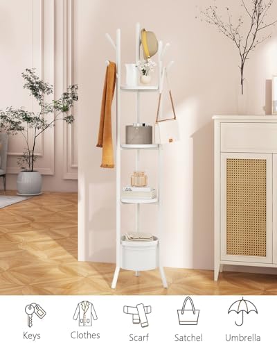 YMYNY Coat Rack, Freestanding Coat Stand with Storage Shelves, Hall Trees with 3 Wooden Shelves and 1 Fabric Basket, Metal Clothes Stand for Hats Bags Hallway Bedroom White UHGR005W - Image 4