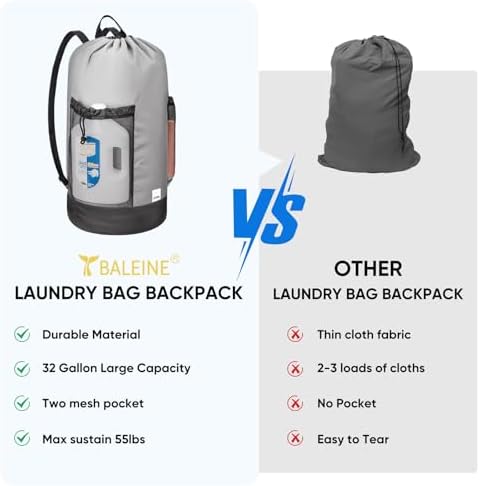 BALEINE 2PK 120L Laundry Bag Backpack, 900D Oxford Fabric Large Travel Laundry Bags with Shoulder Straps and 2 Mesh Pockets for College Dorm, Apartment, Laundromat (Gray, 120L) - Image 6