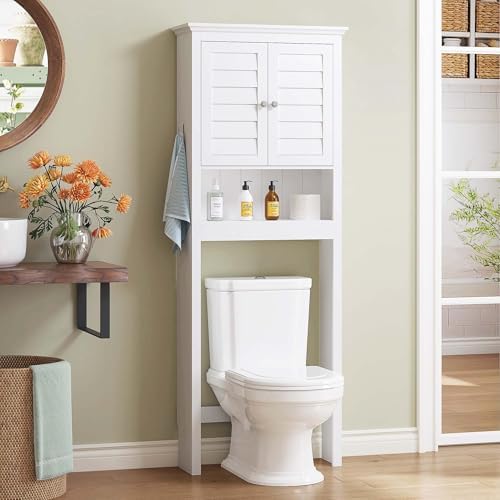 Spirich Over The Toilet Storage Cabinet with Louvered Doors & Hooks, White by SpirichLLC