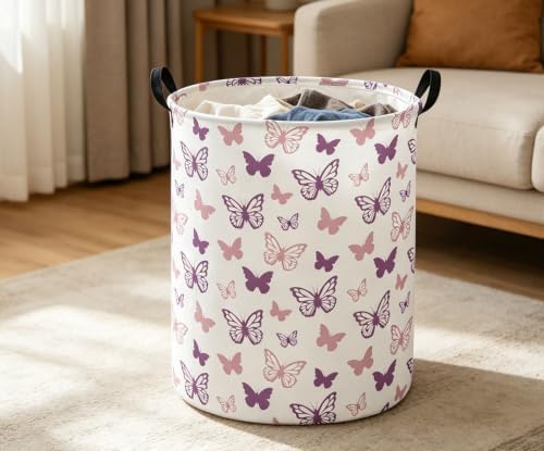 ESSME Butterfly Laundry Basket,Hamper Collapsible Canvas Waterproof Storage Bin,Gift Baskets,(Purple Butterfly) - Image 5