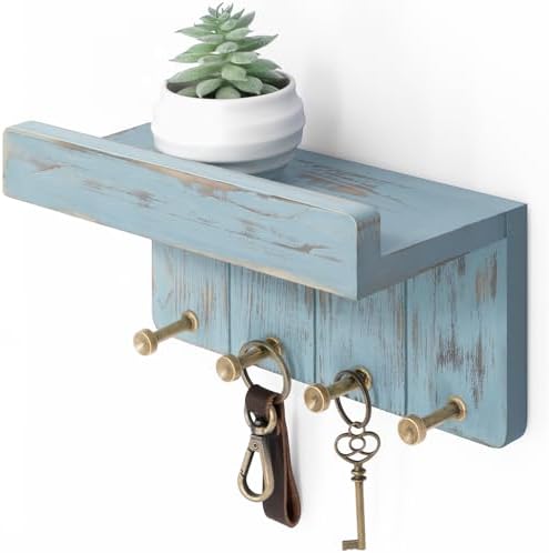 Rebee Vision Key Holder Wall Mount with Shelf for Entryway, Distressed Blue by REBEEVISION