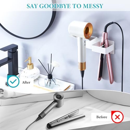 Hair Dryer and Straightener Holder Wall Mounted, Metal Adhesive Hair Tool Organizer for Blow Dryer, Curling Iron, Flat Iron, Bathroom Vanity Salon Barber Shops (White) - Image 7