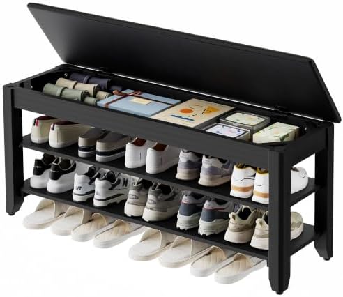 Homleke 39.4" Wide Solid Wood Shoe Rack Bench with Flip-Top Storage by Homleke