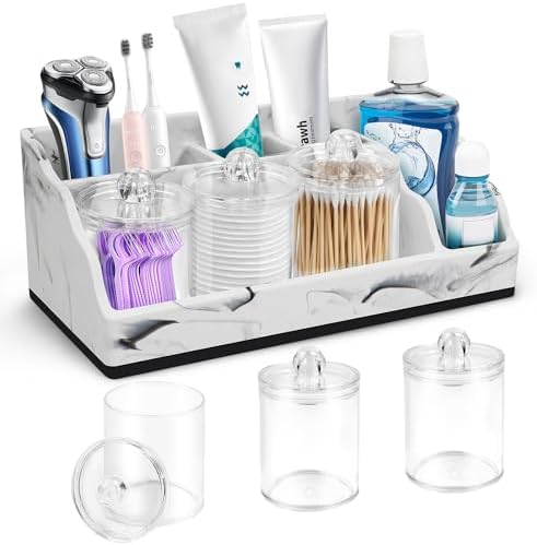 Bathroom Organizer Countertop, White Marble Toothbrush Holders for Bathrooms with 3PCS Qtip Holder Dispenser, Toothbrush and Toothpaste Holder for Bathroom Counter Organization Storage Vanity by MSBRCH