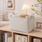 Hushee Khaki Gingham Basket Checkered Storage Collapsible Bin with Handles - Image 6