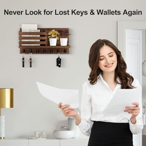 Lwenki Key Holder for Wall – Decorative Wooden Mail Holder and Key Shelf with Mounting Hardware, Installation Guide – Paulownia Wood with Metal Key Hooks (Brown, Extra Large - 15.6inch) - Image 6