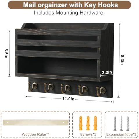 Key Holder Wall Mount with Mail Organizer, 5 Key Hooks, Black - Image 7