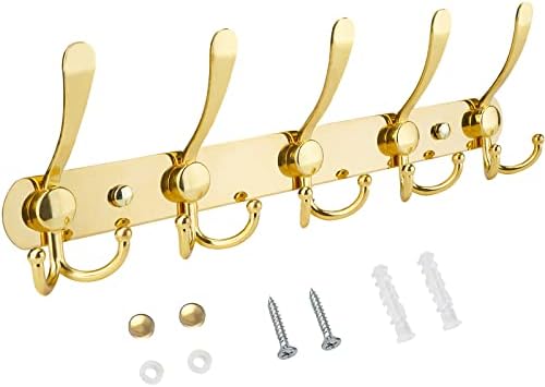 TICONN Wall Mounted Coat Rack, Five Heavy Duty Tri Hooks All Metal Construction for Jacket Coat Hat in Mudroom Entryway (Gold, 1-Pack) by TICONN