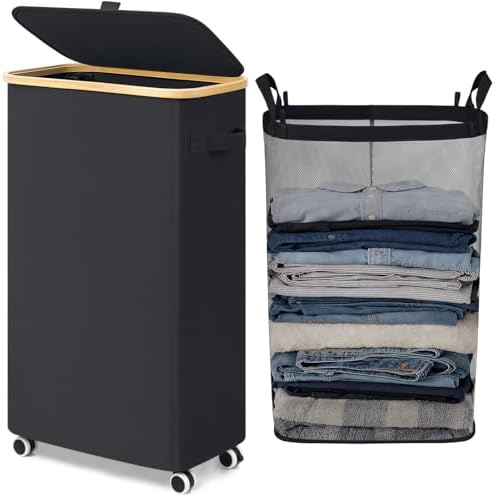 Goodpick 75L Rolling Laundry Basket with Wheels and Lid, Black by Goodpick