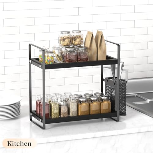 LEMIKKLE Bathroom Organizer Countertop, Counter Organizer for Bathroom Decor, Wooden Sink Shelf for Vanity Storage, Makeup Tray for Perfume Skincare Bedroom Kitchen Corner (Black) - Image 2