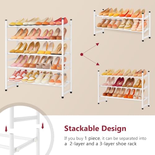 Tajsoon Expandable Shoe Rack for Closet 5 Tier, 28“-41“Stackable, White - Image 6