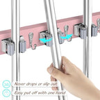 OUTNILI Pink Mop Broom Holder Wall Mount with 4 Slots & 4 Hooks - Wood Broom Mop Hanger for Pantry Closet Laundry Room Kitchen Organization - for Pink Kitchen Decor and Accessories - Image 2