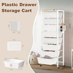 Rolling Cart with Drawers, Rolling Storage Cart with 8 Large Plastic Drawers & Wooden Tabletop, Utility Cart with Pegboards & Basket, Storage Drawers Cart for Living Room, Classroom, Bedroom, Office - Image 2