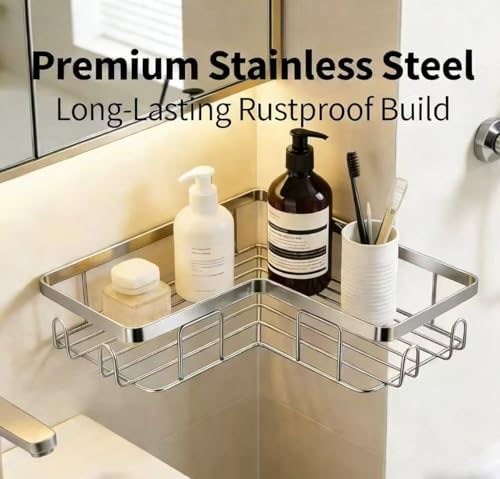 Shower Caddy 2 Pack, Stainless Steel No Drilling Adhesive Bathroom Organizer Shelf Rack, Corner Shower Shelf with Hooks for Home Decor & Storage - Image 2