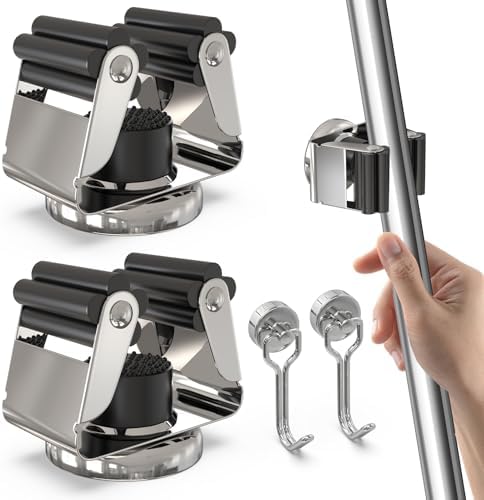 3-H 2 Pack Magnetic Broom Holder with 2 Pack Mini Magnetic Hooks,Silver by 3-H