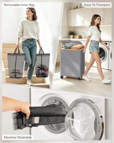 Double Laundry Basket with Wheels and Lid, 150L Clothes Hampers for Laundry - Image 4
