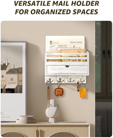Rebee Vision Mail Organizer Wall Mount with Drawer for Entryway, Whitewash - Image 5