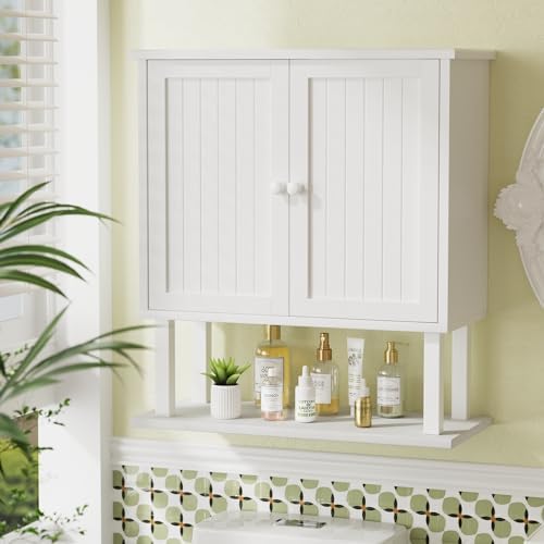 AmazerBath Bathroom Wall Cabinets, Bamboo Over The Toilet Storage Cabinet with Adjustable Shelves, Large Wall Mounted Medicine Cabinets with 2 Doors for Small Spaces, White, 9x21.3X 23.8 Inches by AmazerBath