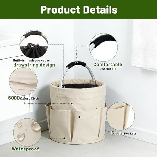 17L Foldable Cleaning Caddy with Handle - Portable Oxford Fabric Storage Bucket, Organiser for Cleaning Supplies, Toiletries, Home, Garden, Picnic & Beach (Beige) - Image 4