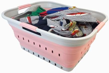 SAMMART 42L (11 gallon) Collapsible Plastic Laundry Basket - Foldable Pop Up Storage Container/Organizer - Space Saving Hamper/Basket (Grey/Quartz Pink) by SAMMART